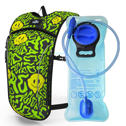 Light Weight Hydration Backpack - 2L Bladder Included - Great for Festivals, Backpacking, Hiking, Mountain Biking, Outdoors Activities. (Acid Bath)