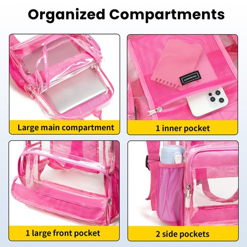 Vorspack Clear Heavy Duty Backpack - Transparent PVC See Through With Reinforced Bottom for College Workplace Security - Pink