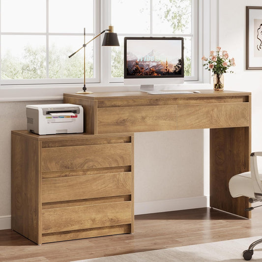 Tribesigns Computer Desk with 5 Drawers, Executive Home Office Desk with File Cabinet and Printer Stand, Industrial Rustic Wood Desk for Small Spaces, Study Writing Workstation, PC Table with Storage