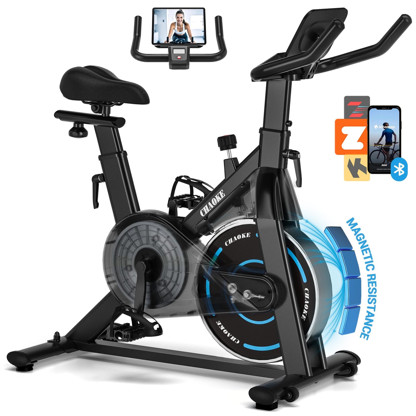 Exercise Bike, CHAOKE Quiet Magnetic Resistance 300LB Capacity Stationary Bike for Home with App Compatible, Indoor Bike with Comfortable Seat and Digital Display