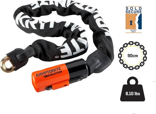 Kryptonite Evolution Bike Chain Lock, 3 Feet Long 10mm Steel Chain Heavy Duty Anti-Theft Sold Secure Gold Bicycle Chain Lock with Keys for Bike, Motorcycle, Scooter, Bicycle, Door, Gate, Fence