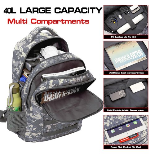 gulimirror Camo Backpack 40L Military Elementary Middle School Boys Backpack Molle with USB Charging Port & Flag Patch