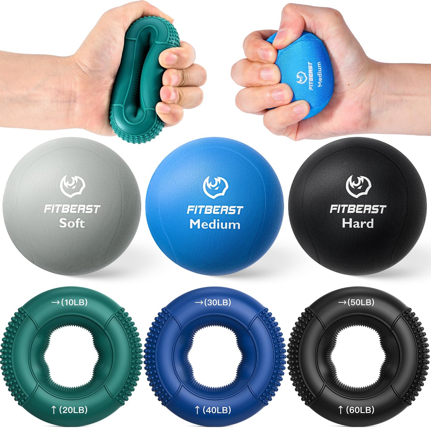 FitBeast Grip Strength Trainer, Finger Exerciser, Stress Balls for Adults, Hand Therapy for Strength, Recovery & Stress Relief, Forearm Strengthener for Men, Women & Seniors (6-Piece Cool Tones)