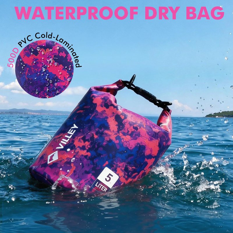 VILLEY Dry Bag Waterproof 5L Roll Top Storage Backpack, Keeps Gear Dry Lightweight Backpack for Kayaking Boating Camping Swimming and Beach Accessories Purple Camo