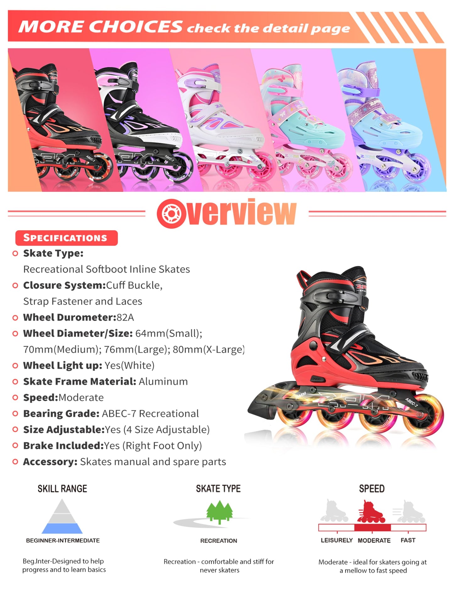 2PM SPORTS Vinal Inline Skates for Girls Boys Kids Ages 5-8 8-12 with Adjustable Illuminating Wheels, Inline Roller Skates for Youth Women Men - Red Large