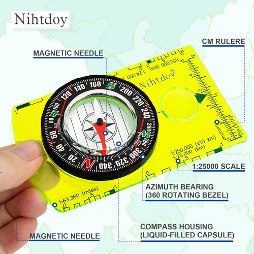 Nihtdoy Multipurpose Outdoor Compass for Hiking, Scouting, Camping, and Navigation - Liquid-Filled, Transparent Base with Measuring Scales, Durable and Compact