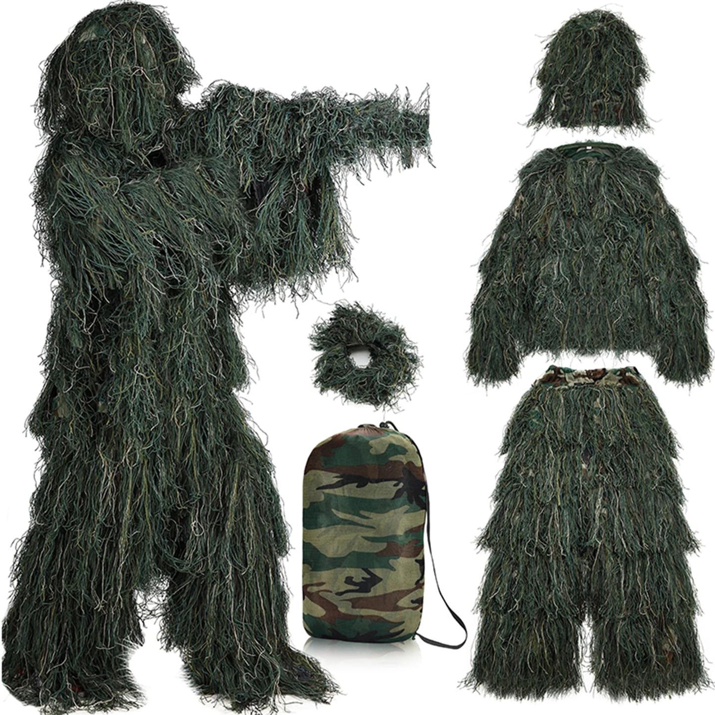 afzdby 5 in 1 Ghillie Suit,3D Camouflage Hunting Apparel Including Jacket,Pants, Hood, Carry Bag Suitable for Unisex Kids men
