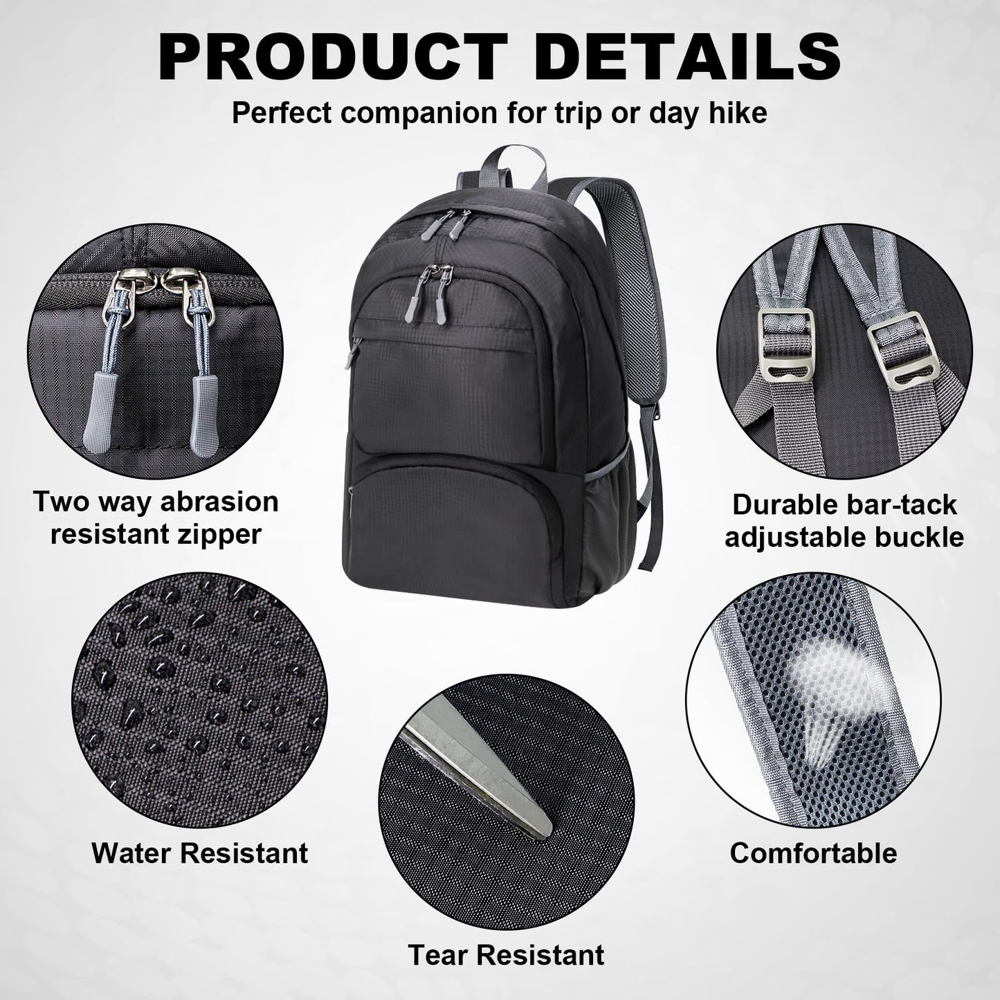 HOLYLUCK 20L lightweight packable Hiking Daypack Foldable Backpack for Men Women Small Travel Outdoor Foldable Shoulder Bag-black