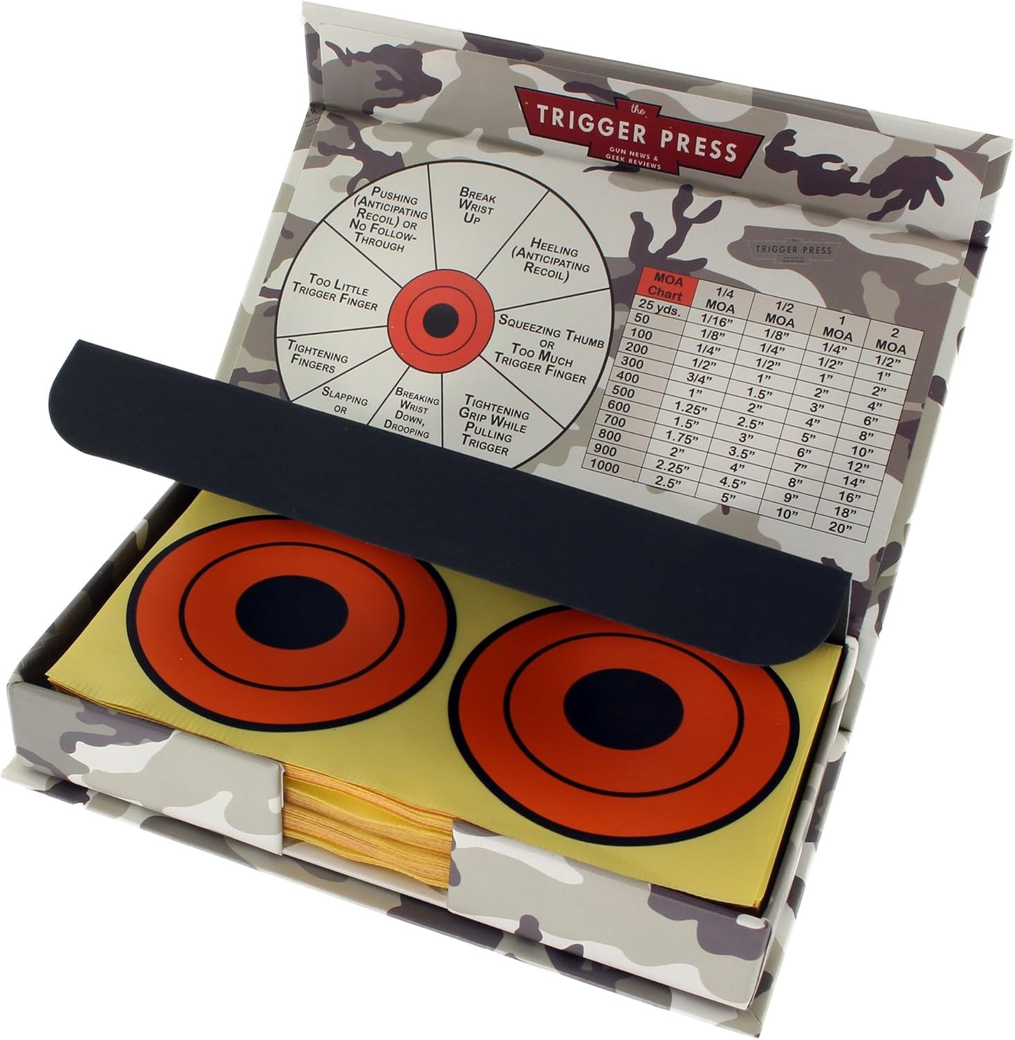 Trigger Press 220 Flat Pack 3 Inch Adhesive - Shooting Target Stickers - Blaze Orange - MOA Accurate - Protective Case with Accuracy Charts