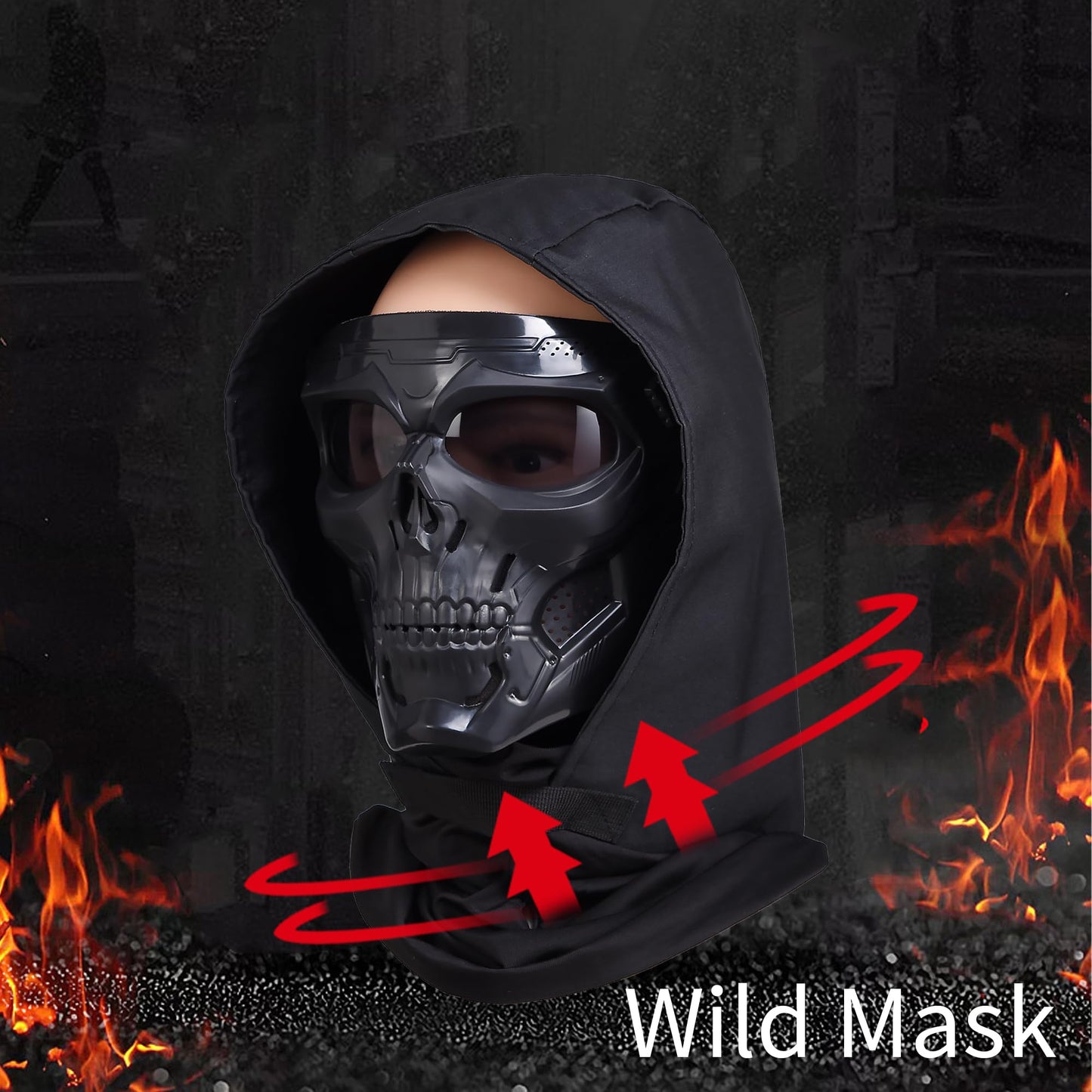 Airsoft Paintball Skull Mask Tactical Full Face Cyberpunk Scary Mask with Balaclava Headgear for CS Halloween Shooting Cosplay Costume Movie Props Survival Games (Black)