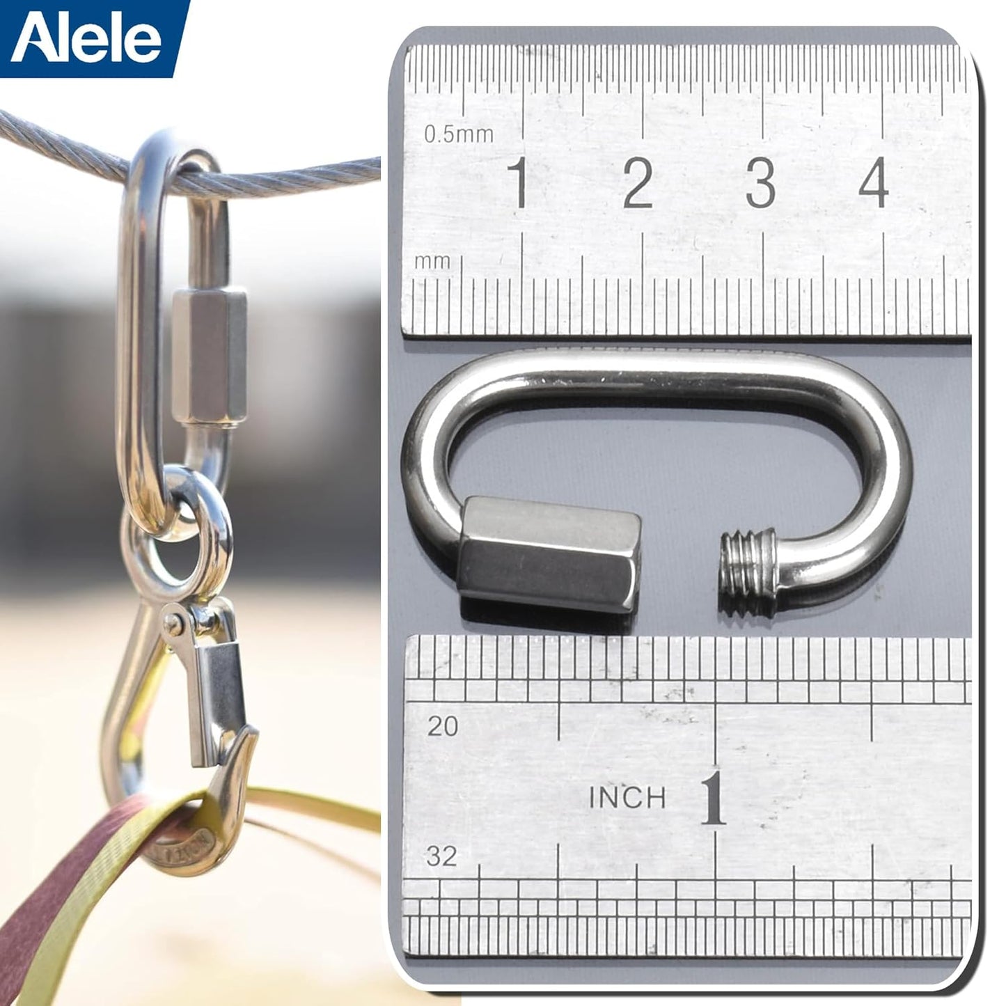 Alele D-Shape Locking Carabiner M4 Stainless Steel Quick Link Chain Connector Keychain Ring Buckle 10 Pack