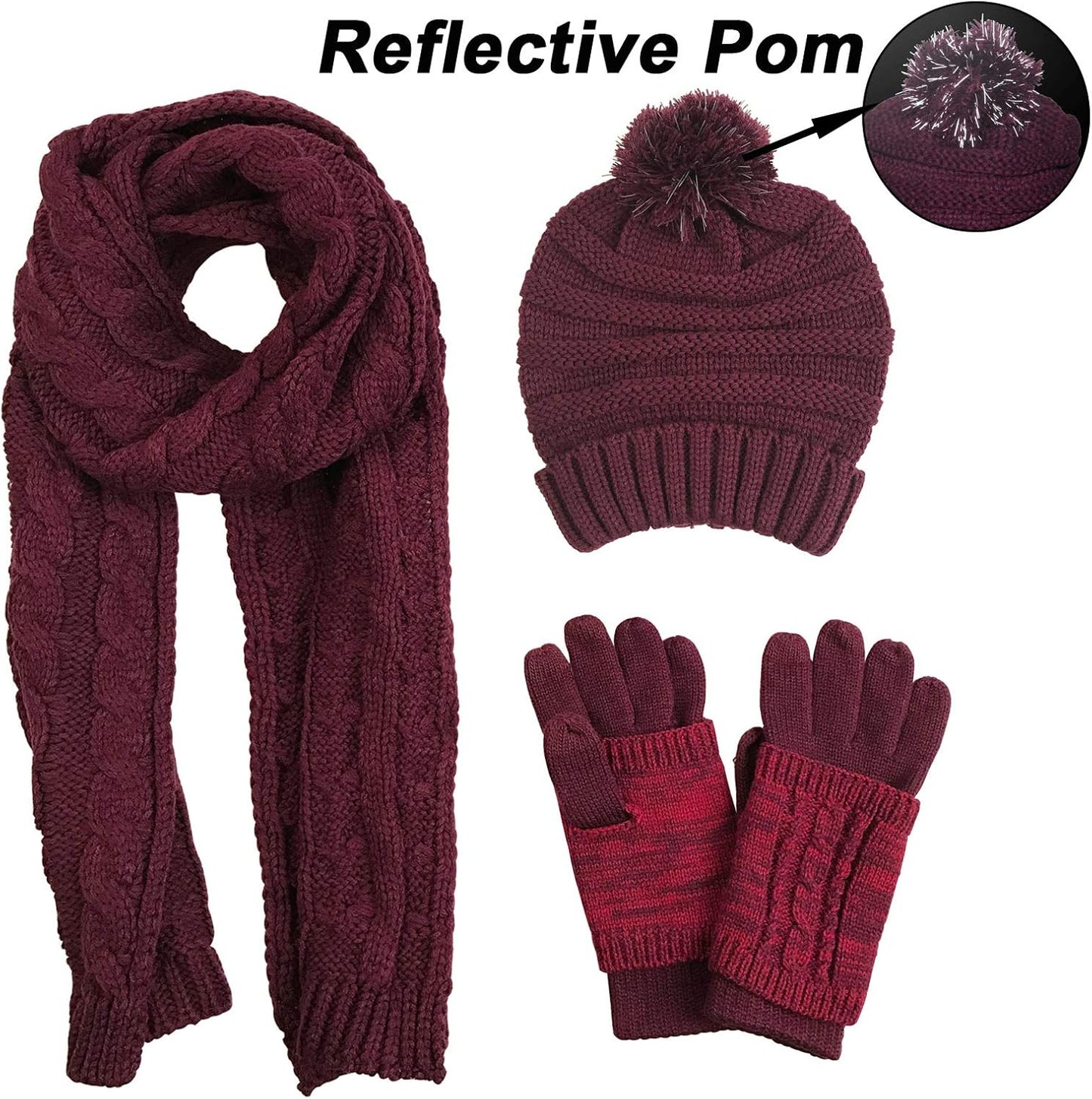 Winter Hat Gloves Scarf Set for Women, Cable Knit Beanie Pom Cap Touch Screen Glove Long Scarf 3PCS Winter Gift for Women Men