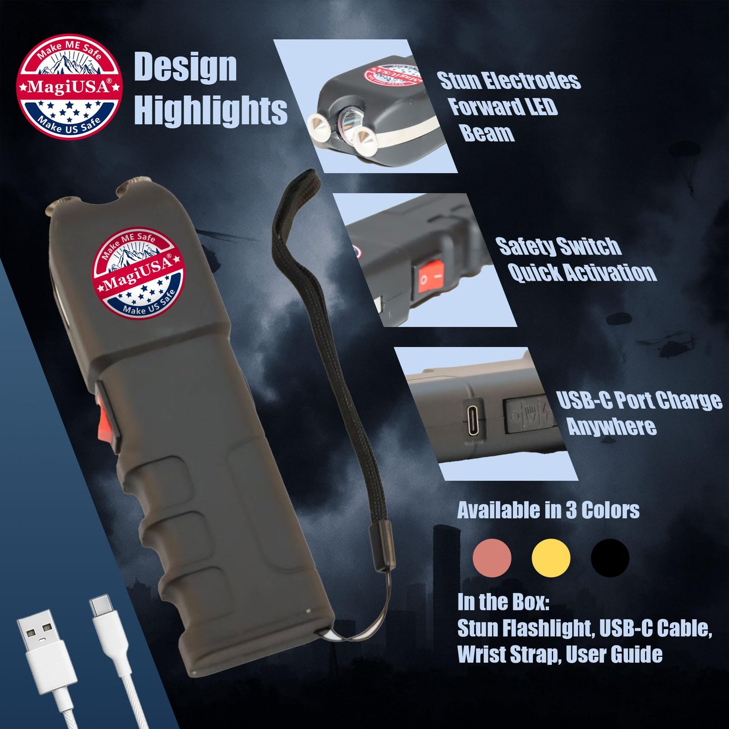 989 MagiUSA Billion Volts Heavy Duty Stun Guns tazer and Flashlight 2 in 1 tazor Stun Gun Non Lethal Big tazers ungun Self Defense Weapons kit for Men Women Tools taiser Safety Keychain taizers tasor