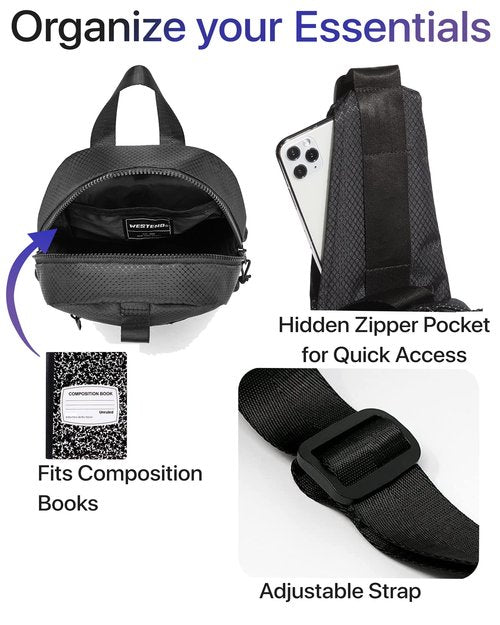 WESTEND Black Crossbody Sling Bag with Adjustable Strap for Traveling, Hiking, Daypack for Men and Women