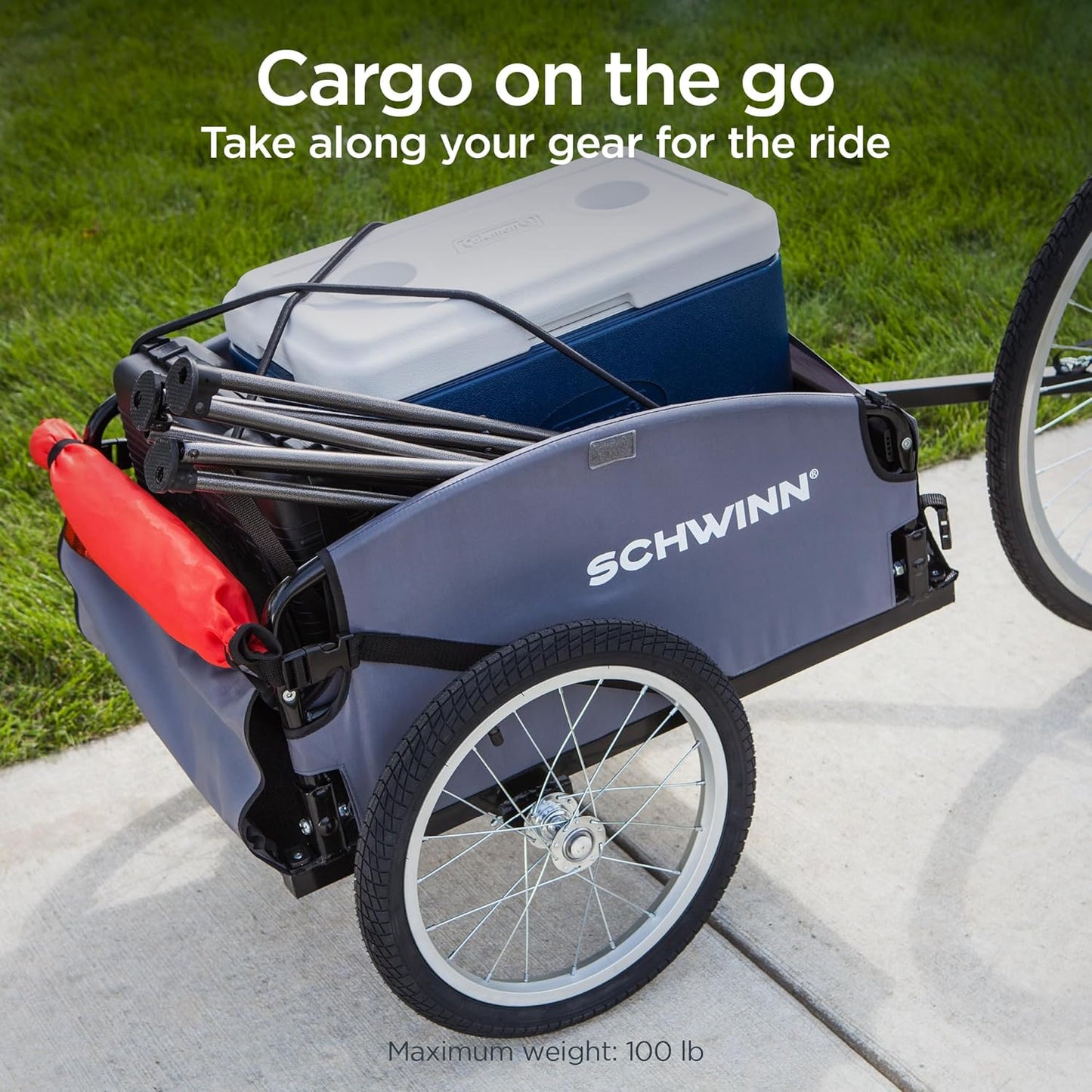 Schwinn Daytripper or Porter Bike Cargo Trailer, Holds up to 100 lb, Universal Coupler, Folding Frame, Quick-Release Wheels, 16-Inch Tires, Interior D-Rings, Schwinn Bike Trailer for Carrying Cargo