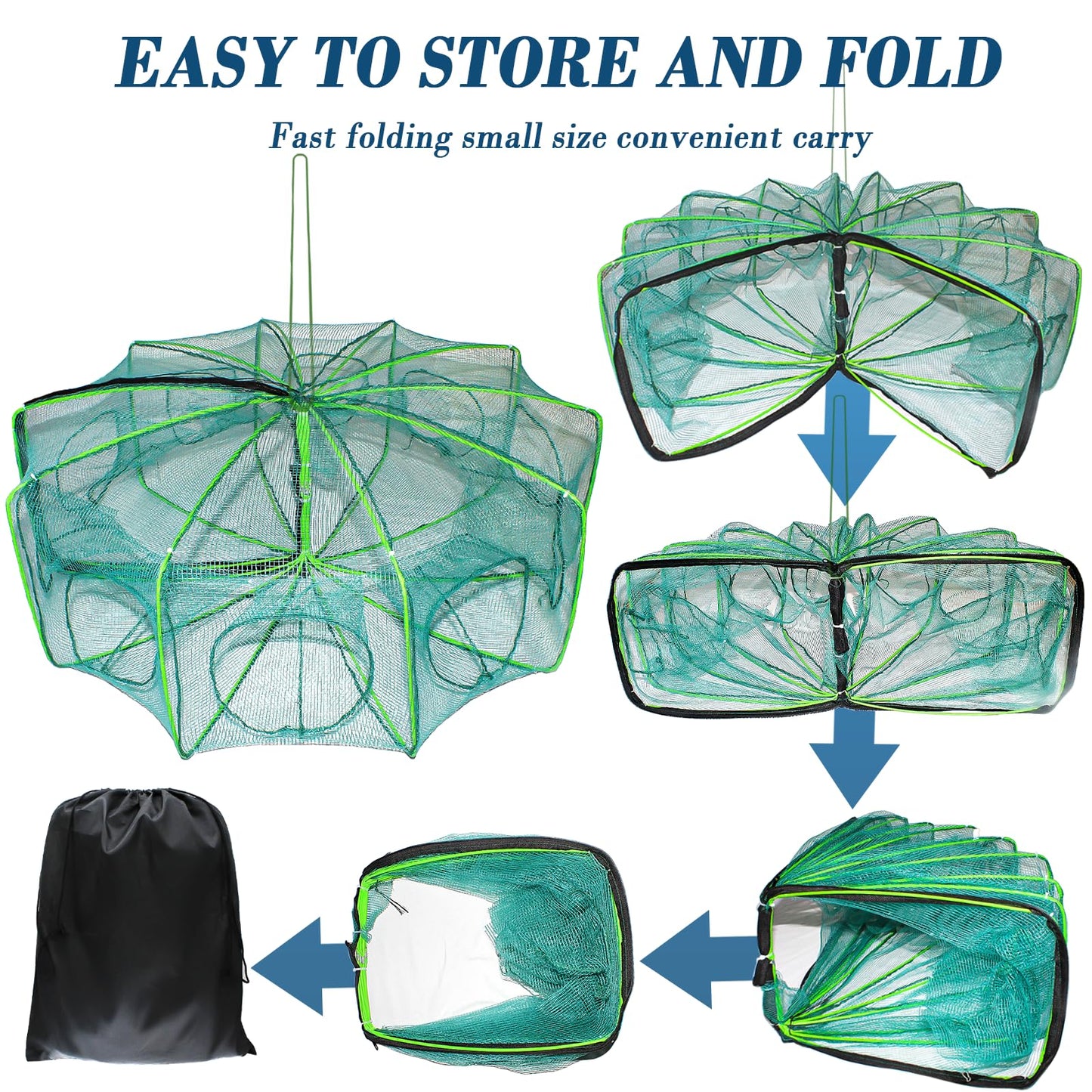 10 Sides 10 Holes Fishing Bait Trap, 32 * 10 Inch Portable Folded Fishing Nets for Minnow Crab Shrimp Crawdad, Upgrade Nylon Mesh Net Fishing Equipment