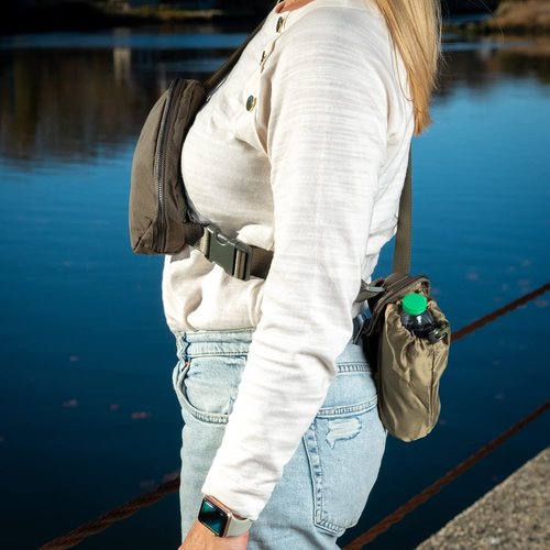 WanderFull Original Crossbody HydroBeltbag | Fanny Pack with Removable Water Bottle Holder | Adjustable Waist Bag for Carrying Your Purse, Phone, Accessories w/Tumbler Holder (Army Green)