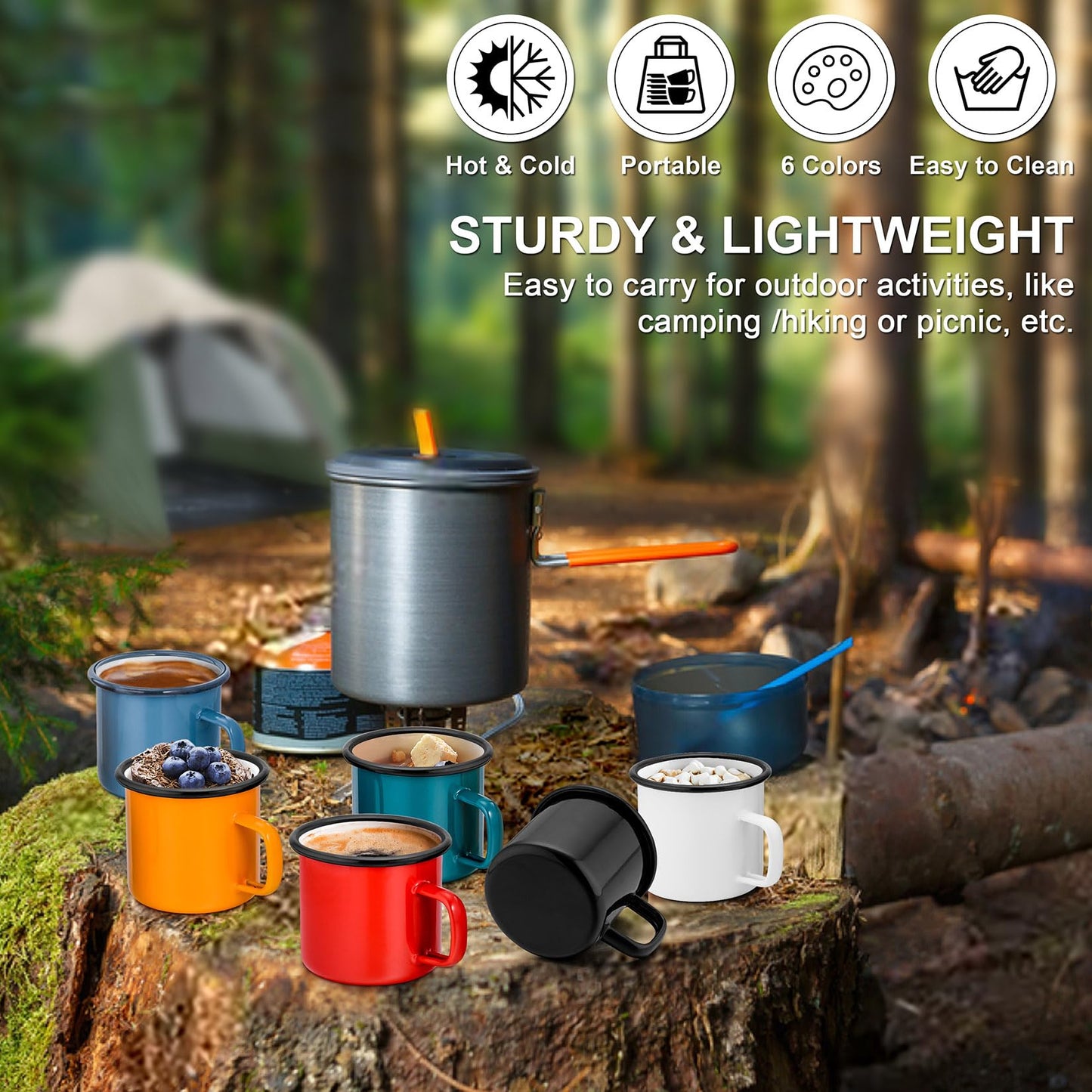 Joyfair 12oz Camping Enamel Mug Set (6Pcs), Portable Camp Cups for Outdoor Picnic Backpacking Travel & Home Breakfast Drinking, Ideal Gift on Christmas Thanksgiving Birthday (Multi)