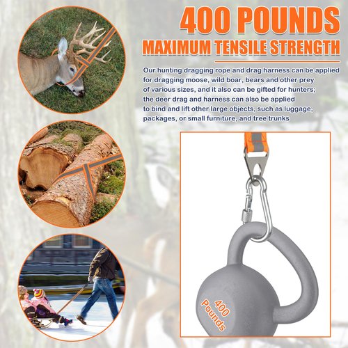 AzReference Deer Drag Rope and Harness Heavy Duty Deer Drag Strap with Handle, Orange Reflective Hunting Dragging Rope for Deer Hunters Gear Accessories
