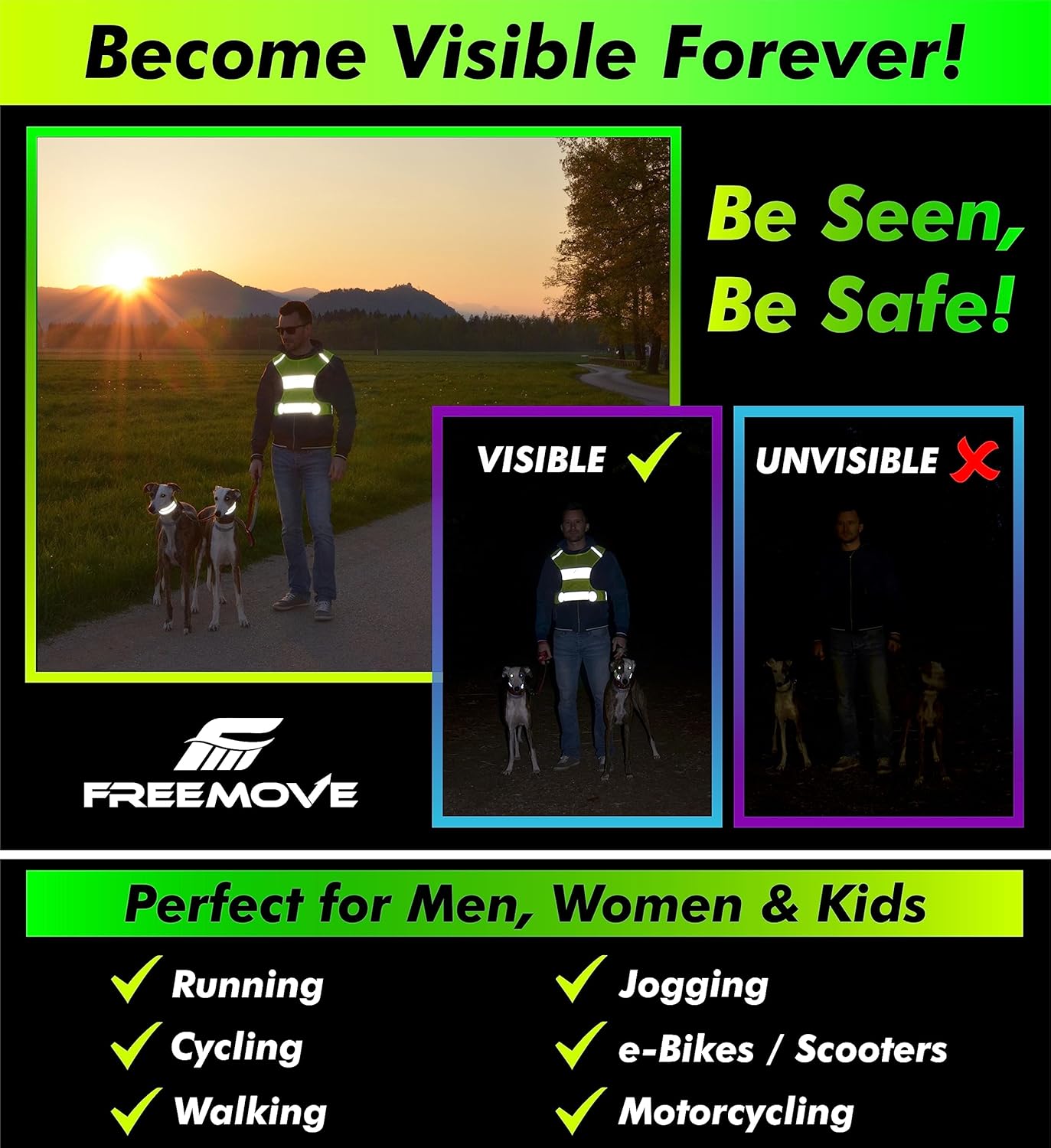 FREEMOVE Reflective Vest - Running Gear + 2 Bands & Bag/Ultralight & Comfy Safety Vests for Running, Walking, Cycling