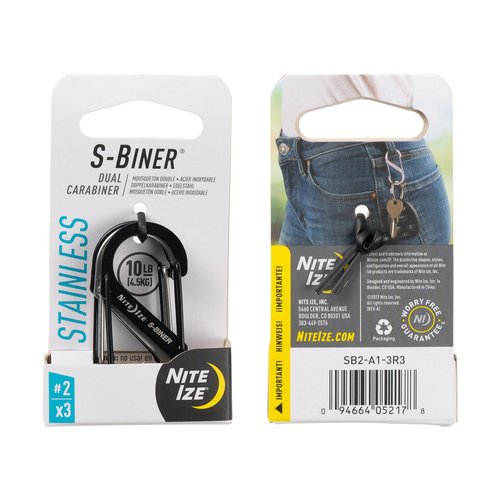 Nite Ize S-Biner Stainless Steel Dual Carabiner - Multi Purpose Dual Carabiner Clip - Great for Camping Supplies & Hiking Essentials - Secure Key Holder - Size 2, Black/Stainless Steel (2 Pack)