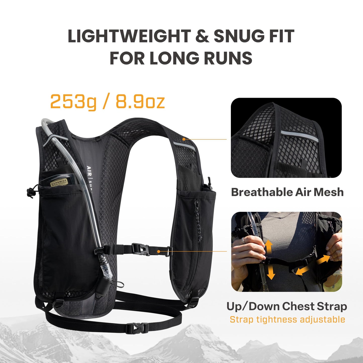 EVERFUN Hydration Backpack Running Vest Small Hiking Water Backpack with 1.5L Water Bladder for Women Men, Lightweight Reflective Dayhike Hydro Pack for Trail Running, Biking, Race, Marathons, Black