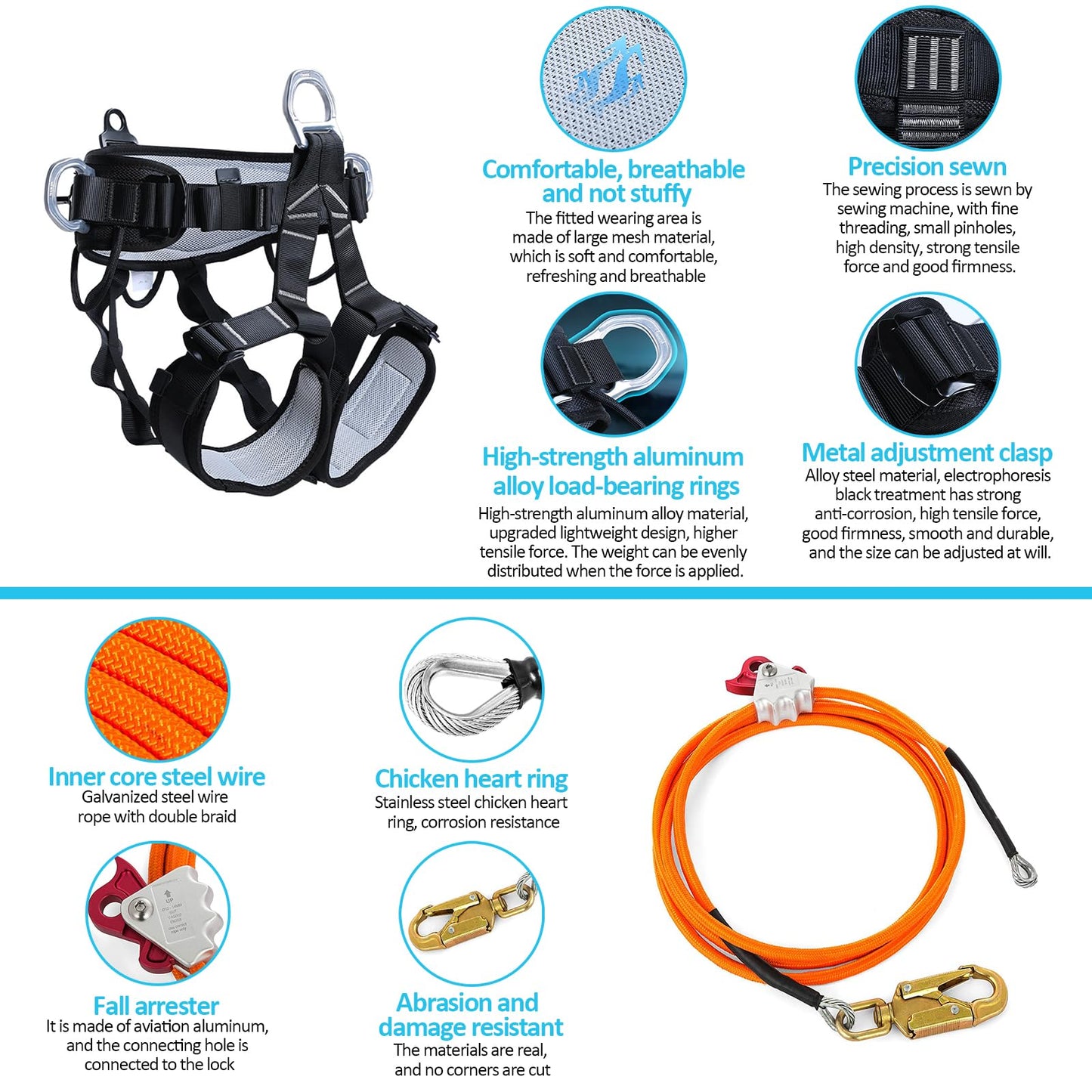 Gdsinstna Tree Climbing Spikes, Tree Climbing Gear Set, Tree Climbing Equipment with Adjustable Climbing Straps and Steel Core Flip Line, Rock Climbing Kit with Triple Lock Lanyard Adjuster