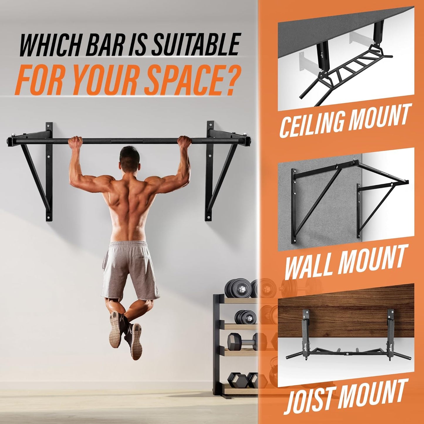 Yes4All Heavy Duty Wall Mounted Pull Up Bar – Multi-Grip Pull Ups / Pull Up Bar Ceiling Mount / Joist Mount for Home Gym