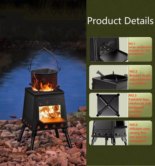 EMOTRIPS Portable Carbon Steel Camping Stove, Outdoor Wood Stove with Foldable Legs for Outdoor Camp (Small)