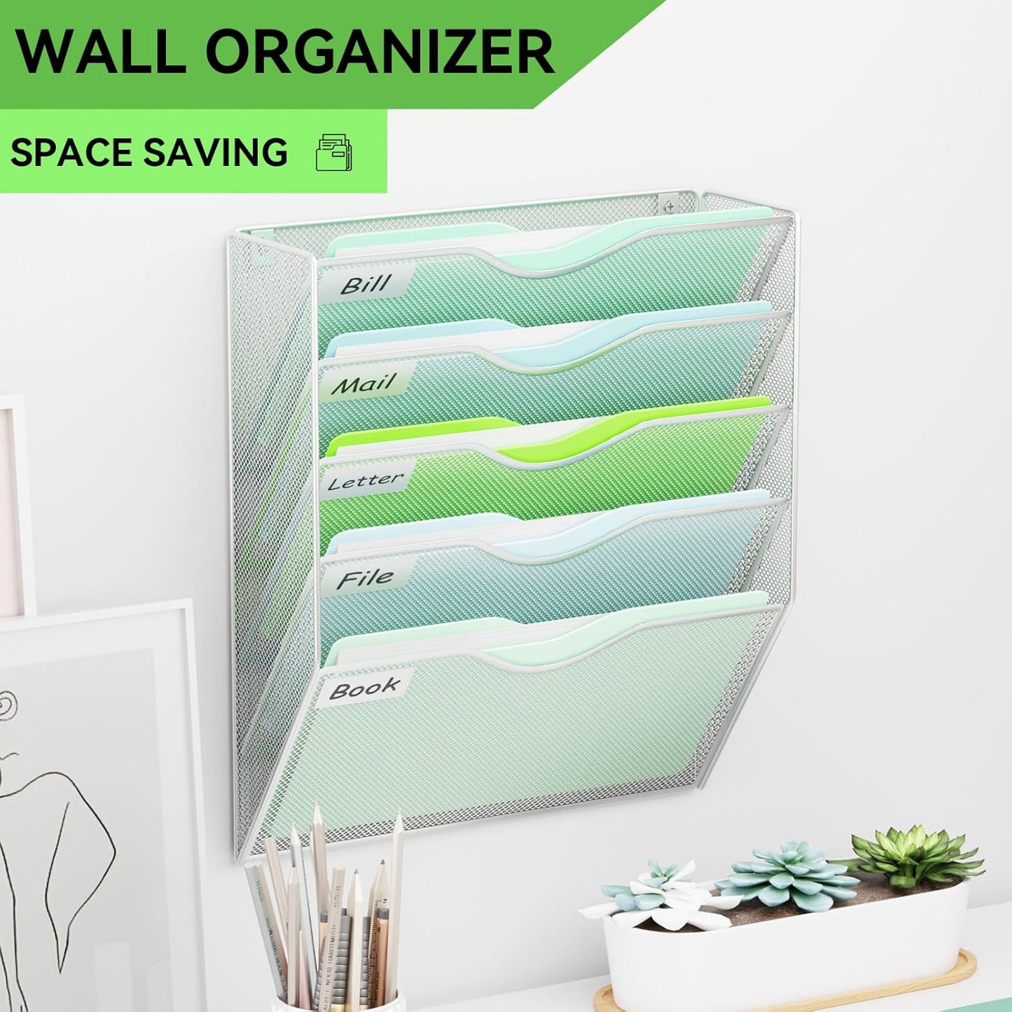 5 Pockets Mesh Hanging Wall File Holder Organizer Wall Mounted Paper Magazine Rack, Black