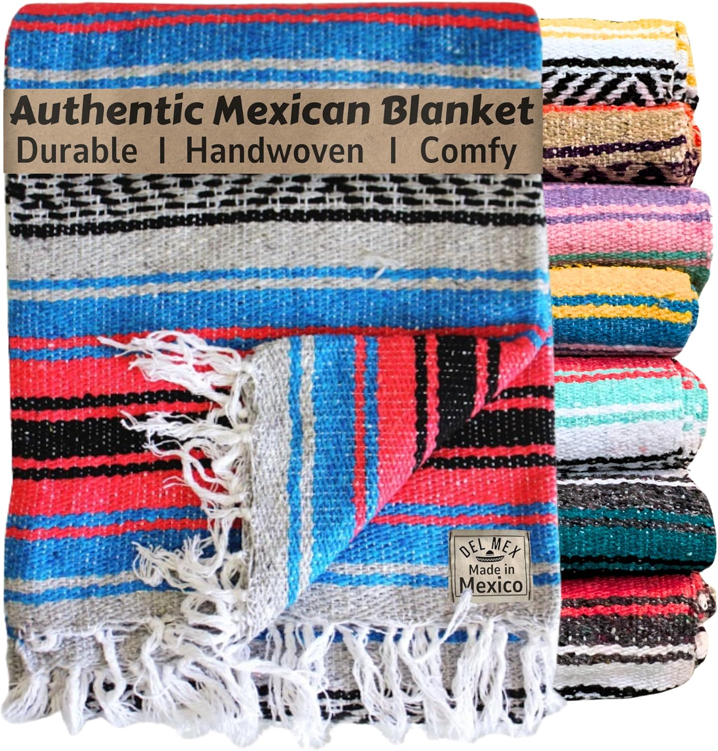 Authentic Del Mex Large Mexican Blanket - Woven Falsa Throw (70"x50") for Beach, Yoga & Outdoor Decor - Pink/Tan