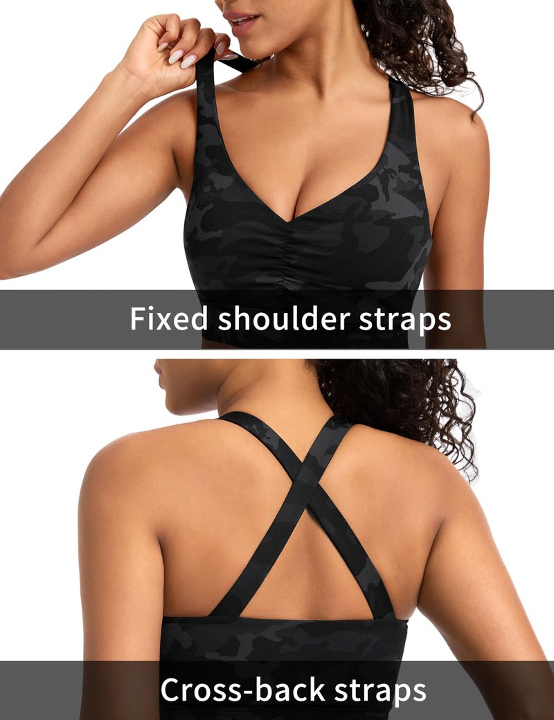 THE GYM PEOPLE Women's Cross Back Ruched Sports Bra V Neck Wide Straps Removable Pads Workout Yoga Crop Top