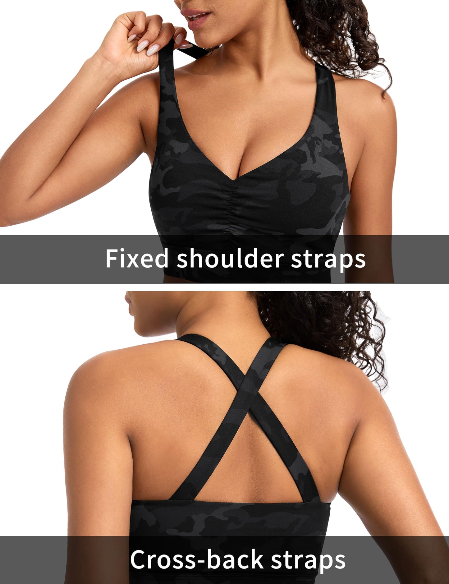 THE GYM PEOPLE Women's Cross Back Ruched Sports Bra V Neck Wide Straps Removable Pads Workout Yoga Crop Top