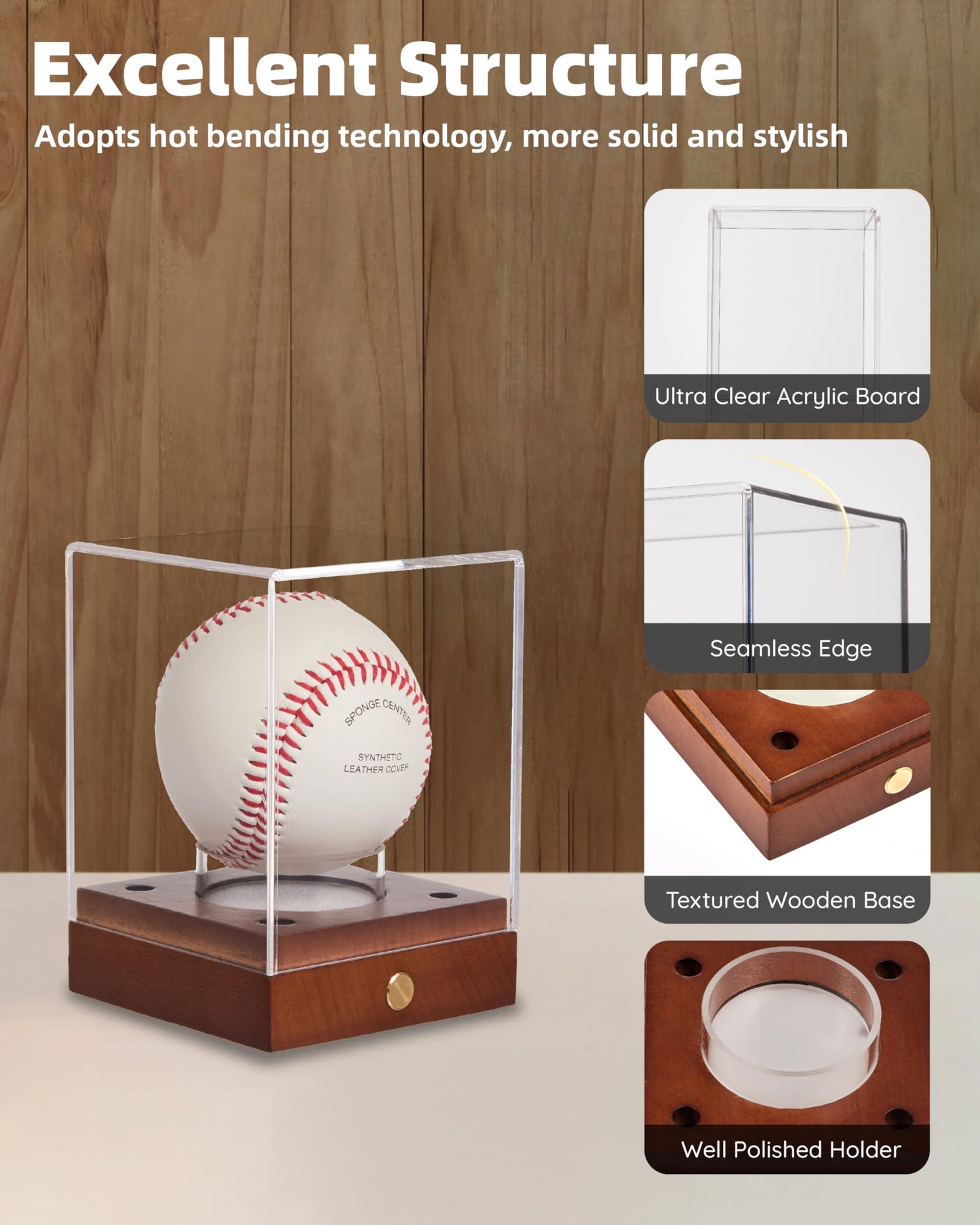 Fitense Baseball Display Case with Led Light, Clear Acrylic Baseball Case Display with Wooden Base, UV Protected Baseball Holder Case, Clear Baseball Stand Box for Memorabilia Baseball