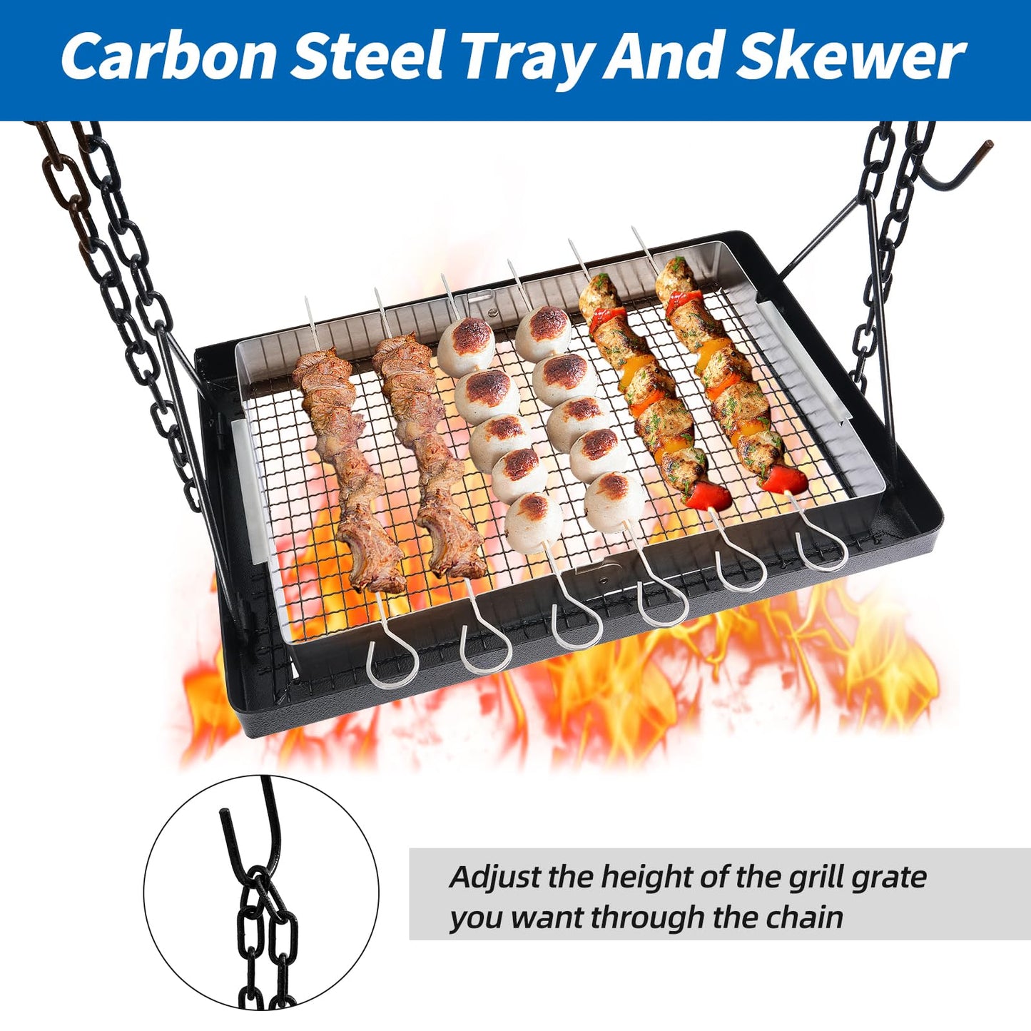 HONYTA Campfire Swing Cooking Grill Stand, Collapsible Campfire Cooking Rack with Adjustable Iron Grill Grate and Hooks for Outdoor BBQ Picnic Cookware Party Dutch Oven