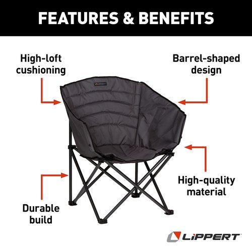 Lippert Campfire Barrel Chair - Dark Grey, Comfortable Barrel Shape, High-Loft Cushioning, Foldable, Powder Coated Steel, Lightweight, Durable Polyester or Oxford Outdoor Fabrics, 2022114800
