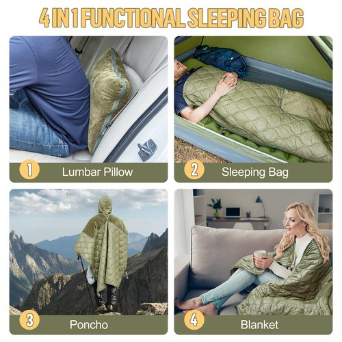 Night Cat Sleeping Bag for Camping - 4 in 1 Poncho for Adults Ultralight Wearable Quilt 3 Seasons Suitable for 1 Person