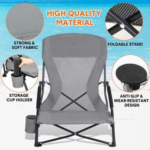 Menkxi 6 Pack Low Beach Chairs for Adult Portable Travel Compact High Back Sling Folding Beach Chair with Cup Holder Carry Bag for Lawn Sand Concerts Outdoor Camping BBQ Picnic Festival(Dark Grey)