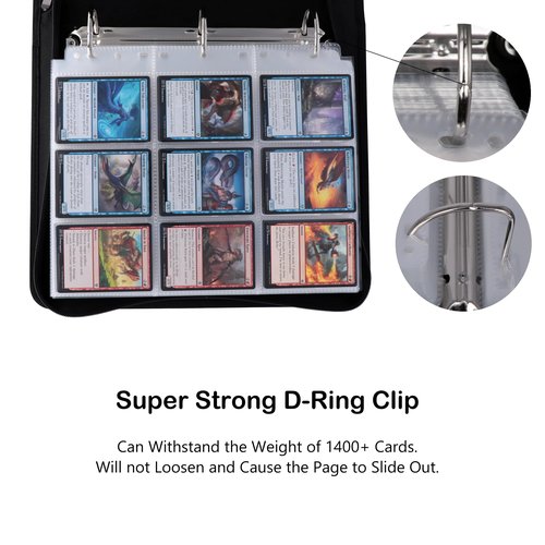 Rayvol Trading Card Binder, 9 Pocket Fit 1404 Cards - Metal D-Ring Card Holder with 78 Double-Sided Clear Pages, Top-Loading Collectors Album -Black