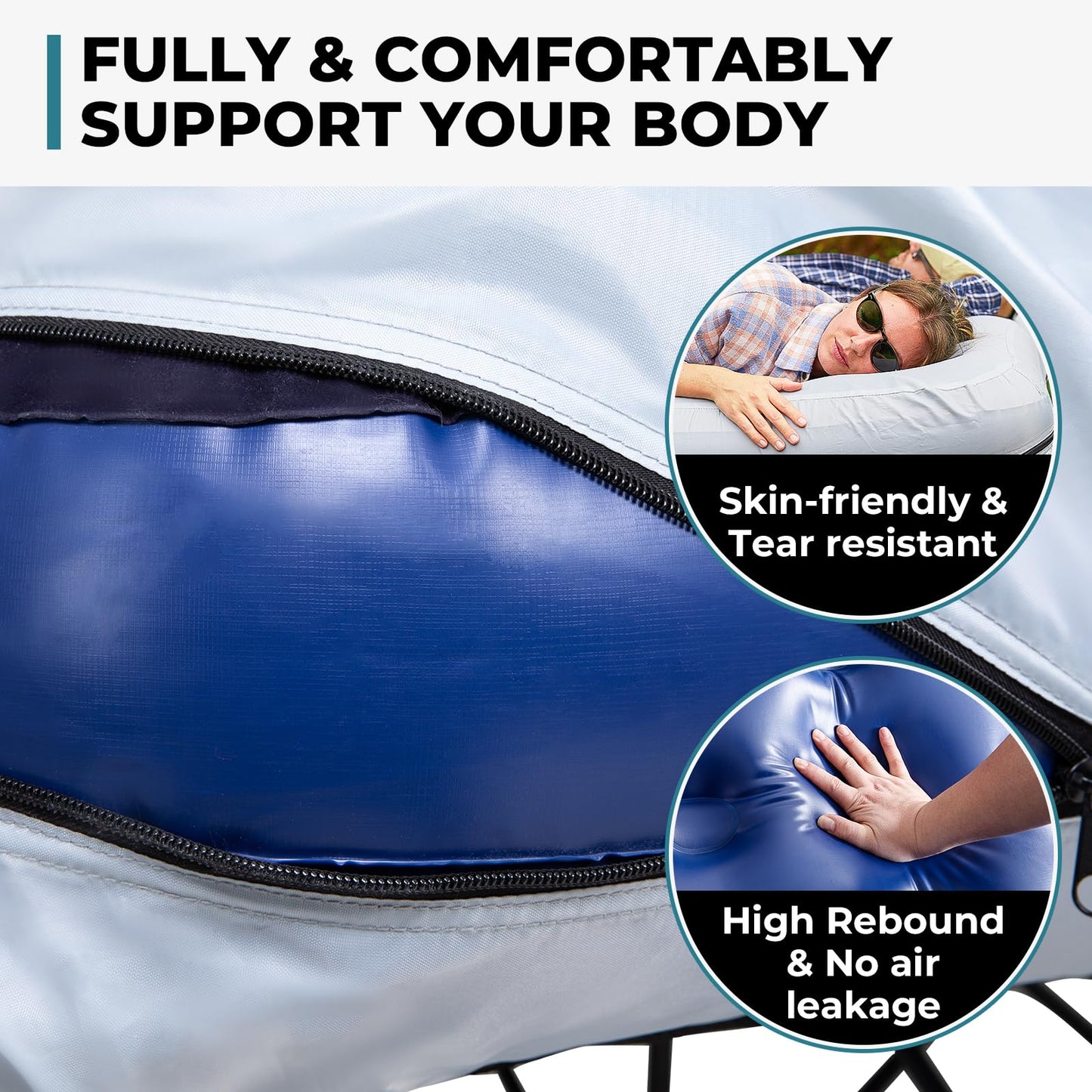 FUNDANGO 2 Person Cot Queen Size, Folding Airbed Mattress, Double Camp Bed with 2 Cup Holders, Removeable Cover for Adults Outdoor Travel,Carry Bag Included (Grey)