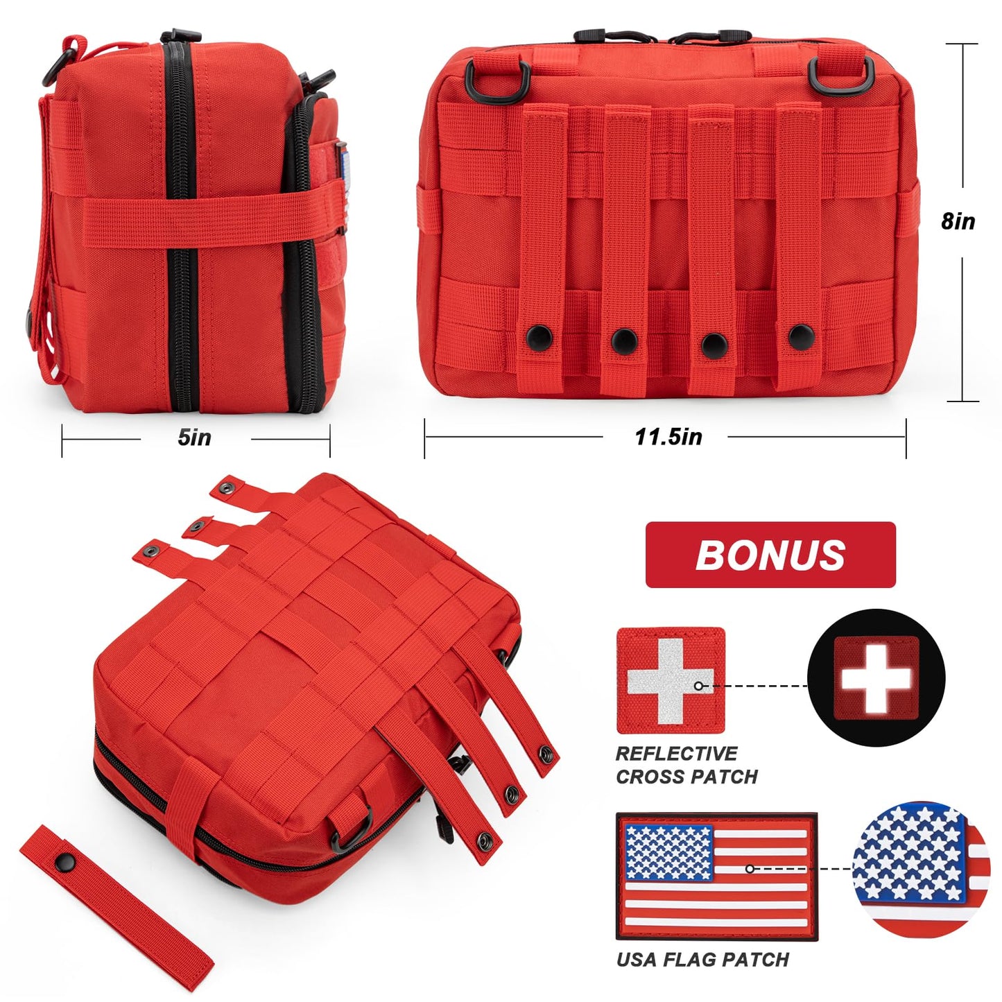 Jueachy First Aid Pouch - Molle Tactical Medical IFAK EMT Pouch - Large Capacity - Includes Flag & Cross Patch - Red