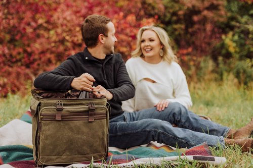 PICNIC TIME Somm - 12 Bottle Insulated Waxed Canvas Wine Bag with Rolling Cart, (Khaki Green with Brown Accents)