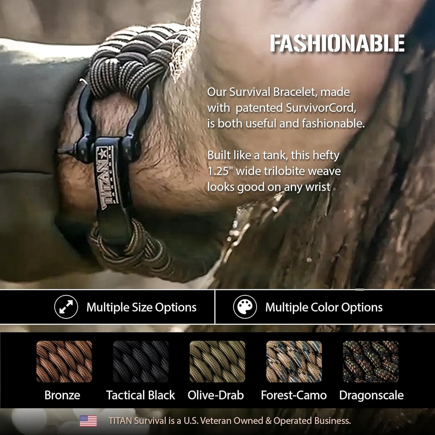 Titan Paracord Survival Bracelet | Made with Patented SurvivorCord (550 Paracord, Fishing line, Snare Wire, and Waxed Jute for Fires). Free eBooks Included.