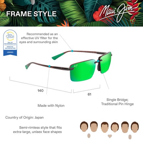 Maui Jim Laulima AF Rectangle Sunglasses, Shiny Trans Brown/Mauigreen Polarized, Extra Large
