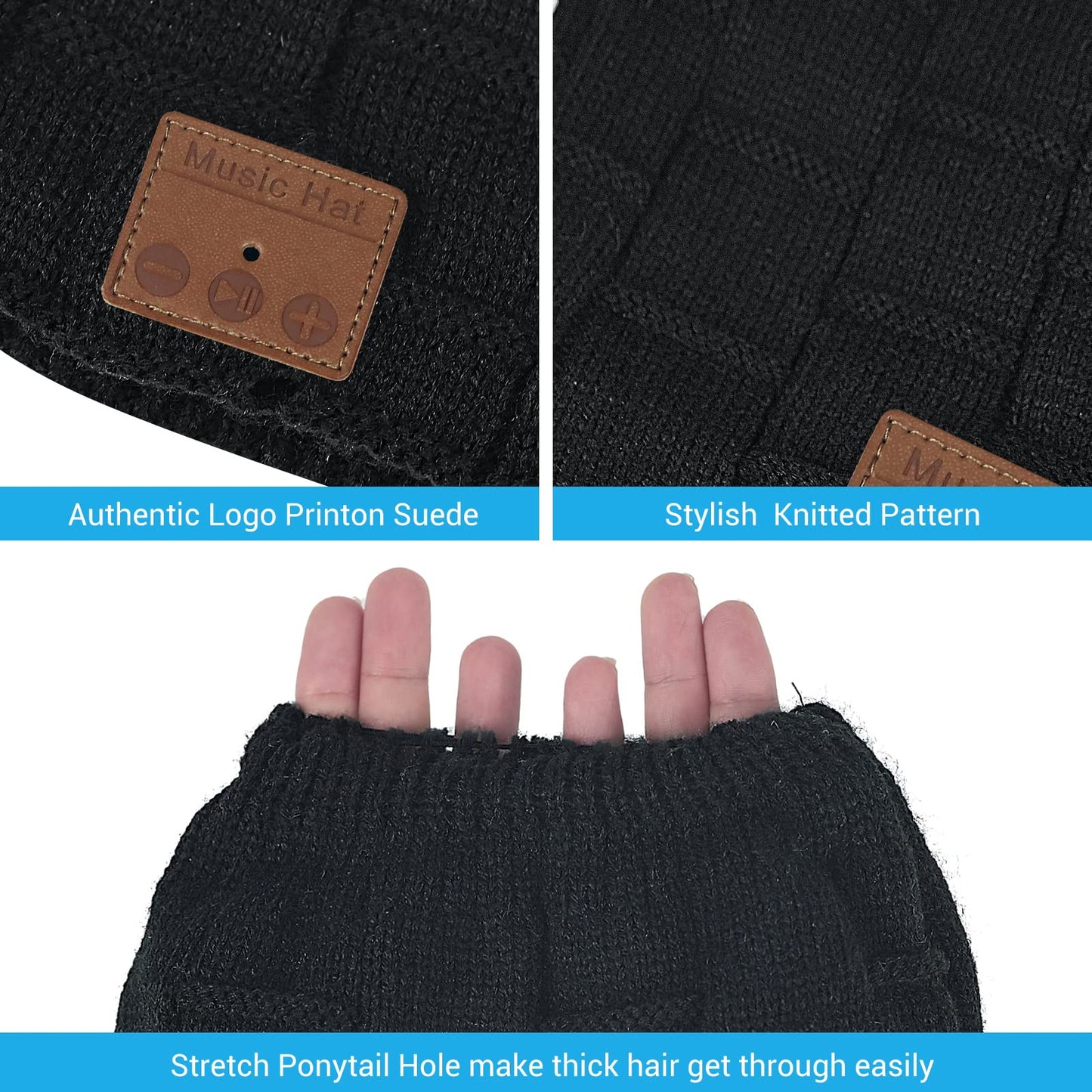 Bluetooth Beanie for Women with Ponytail Hole Wireless Knitted Beanie Hat with Bluetooth Headphones Built in Microphone, Winter Warm Hat Stocking Stuffers Black