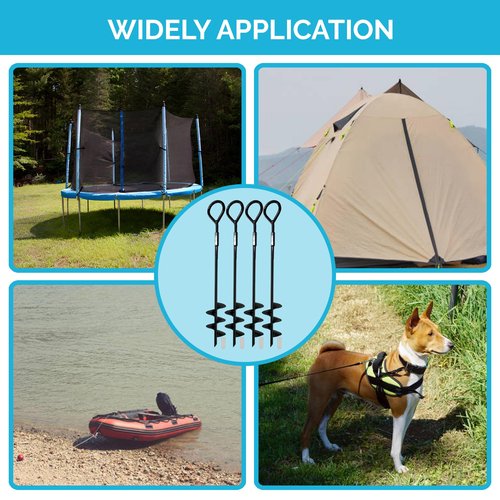 Sage Max Ground Anchors - 4X Heavy Duty Screw in Earth Stakes with 4 Hook Clips, 1 Drill Bit Piece - Fully Welded Trampoline Stakes with Wider Spiral - Shed Anchor Kit for Tent, Swings, and More