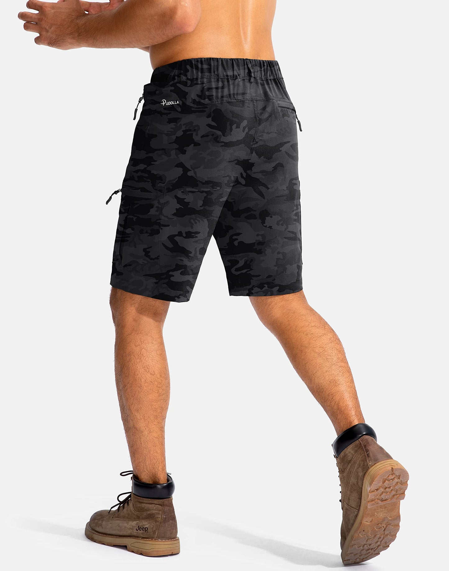 Pudolla Men's Hiking Cargo Shorts 9" Lightweight Outdoor Work Shorts for Men Travel Golf Camping Casual with 5 Zipper Pockets(Black Camo XX-Large)