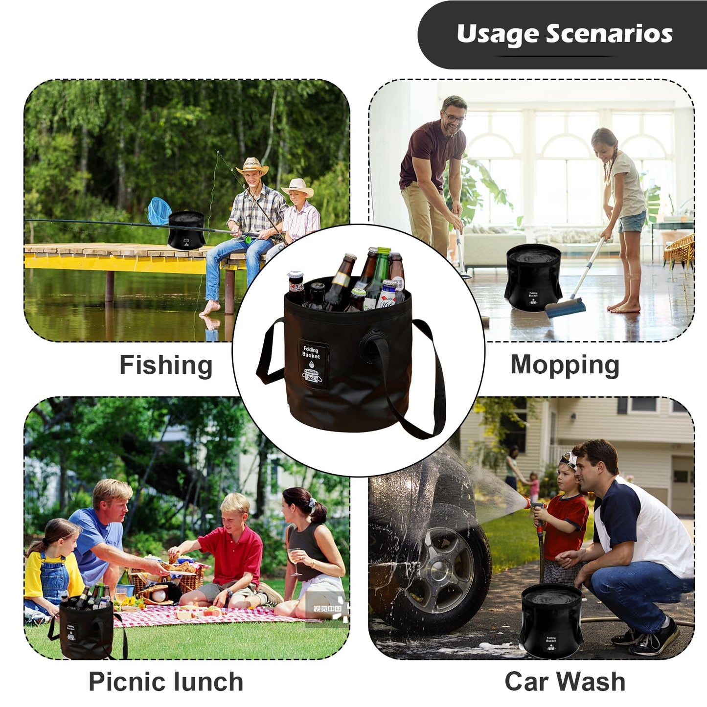 Collapsible Bucket with Handle, Lightweight Folding Water Container, Portable Collapsible Bucket for Fishing, Camping, Hiking, Backpacking, Outdoor Survival, Car Washing Black 20L