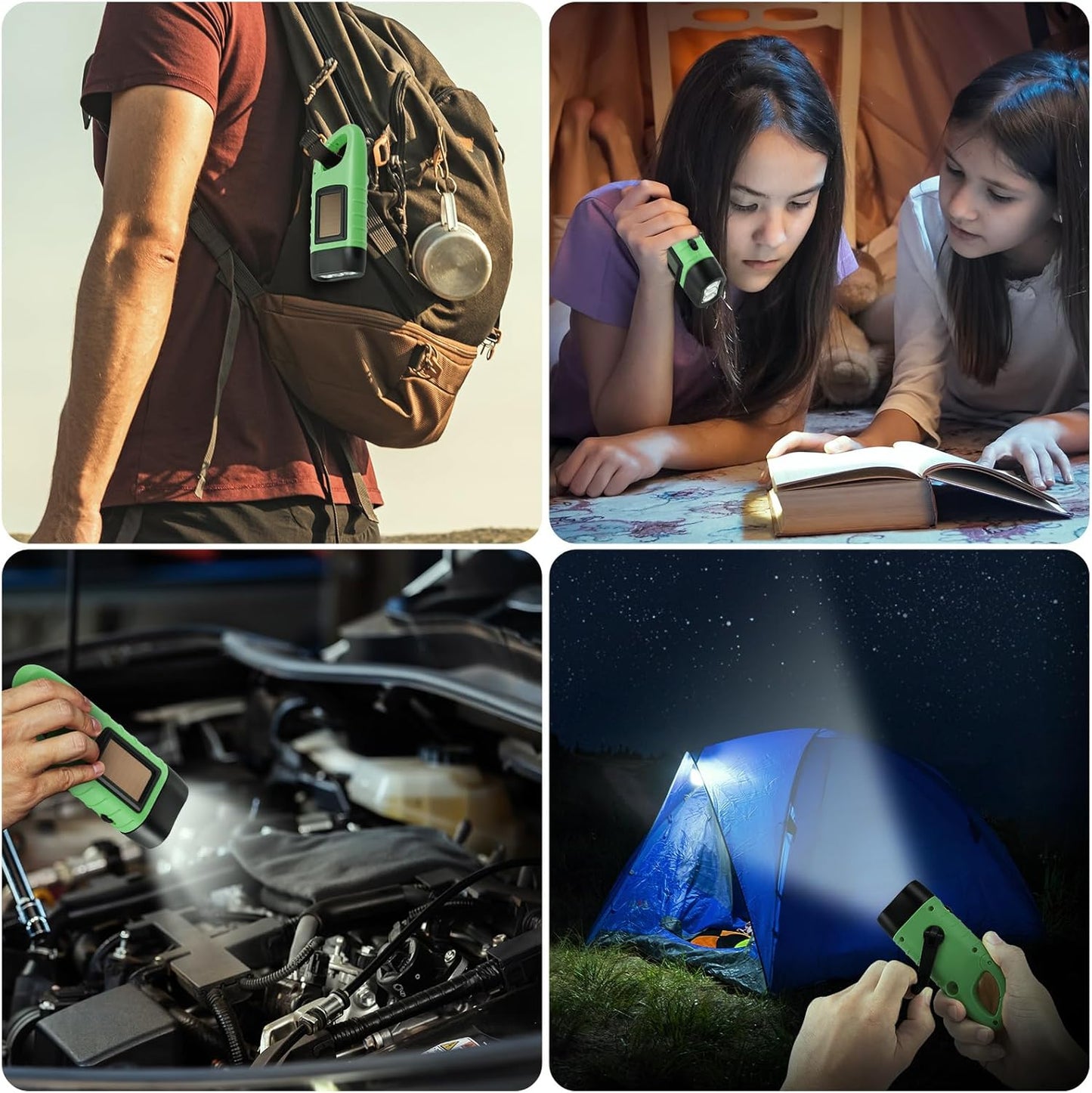 Simpeak 2-Pack Hand Crank Solar Powered LED Flashlight, Emergency Survival Flashlight Torch for Outdoor Sports, Green