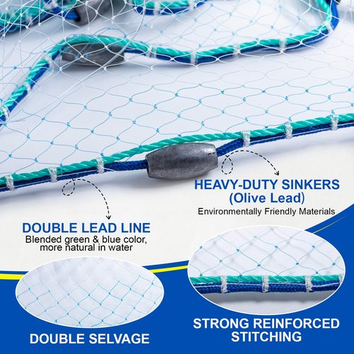 Goture 3/8" Mesh American Fishing Cast Net with Tape, Heavy Duty Olive Lead Sinkers, Dual Color Double Selvage, Increased Cast Area, Fish Throw Casting Net with Needle Saltwater Freshwater